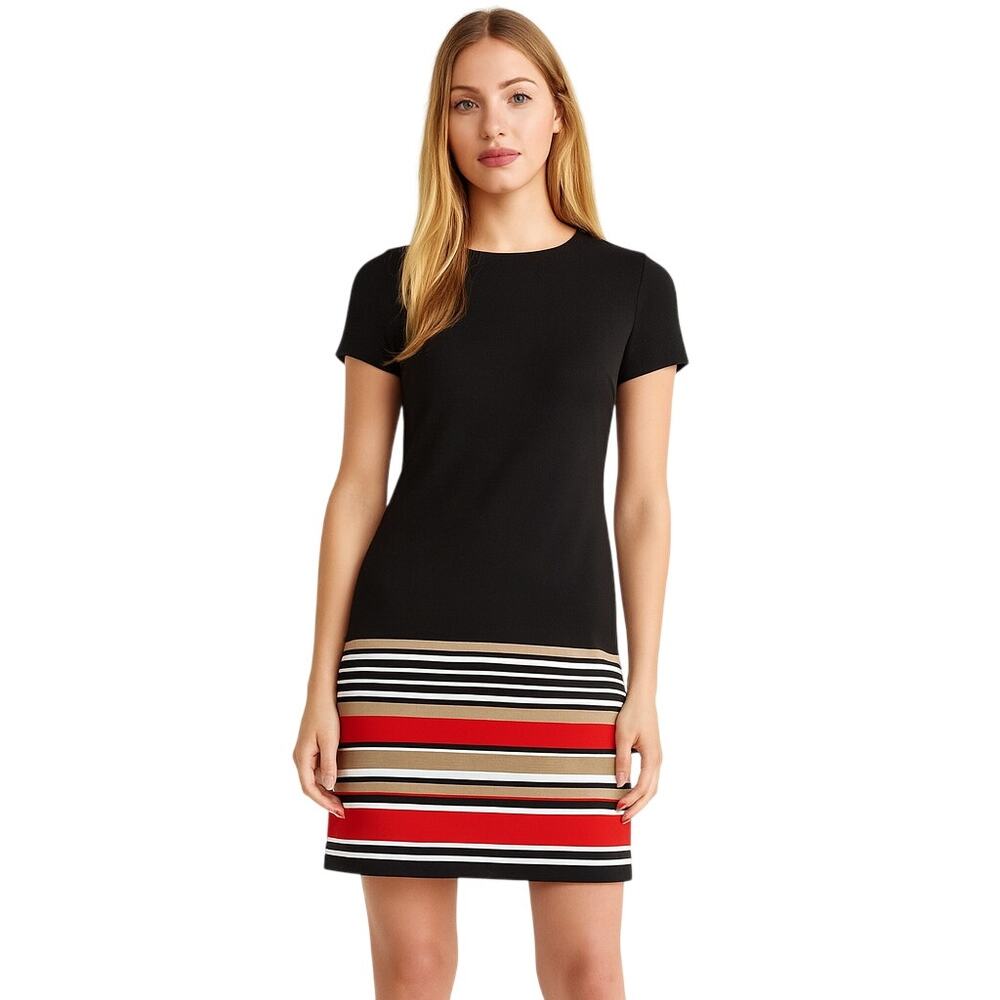 Calvin Klein Women's 6 Sheath Dress Black Red Stripe Short Sleeve Zip Back